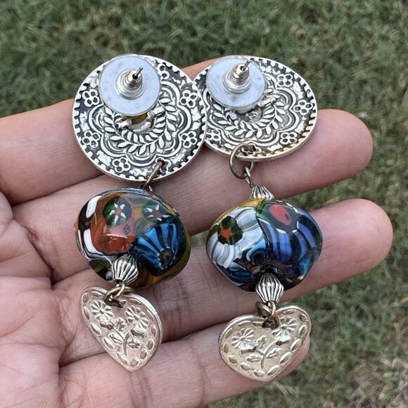 VTG Dangle Drop Earrings‎ Heart Medallion Glass Beads Multicolor Floral 2.5" - Picture 4 of 7